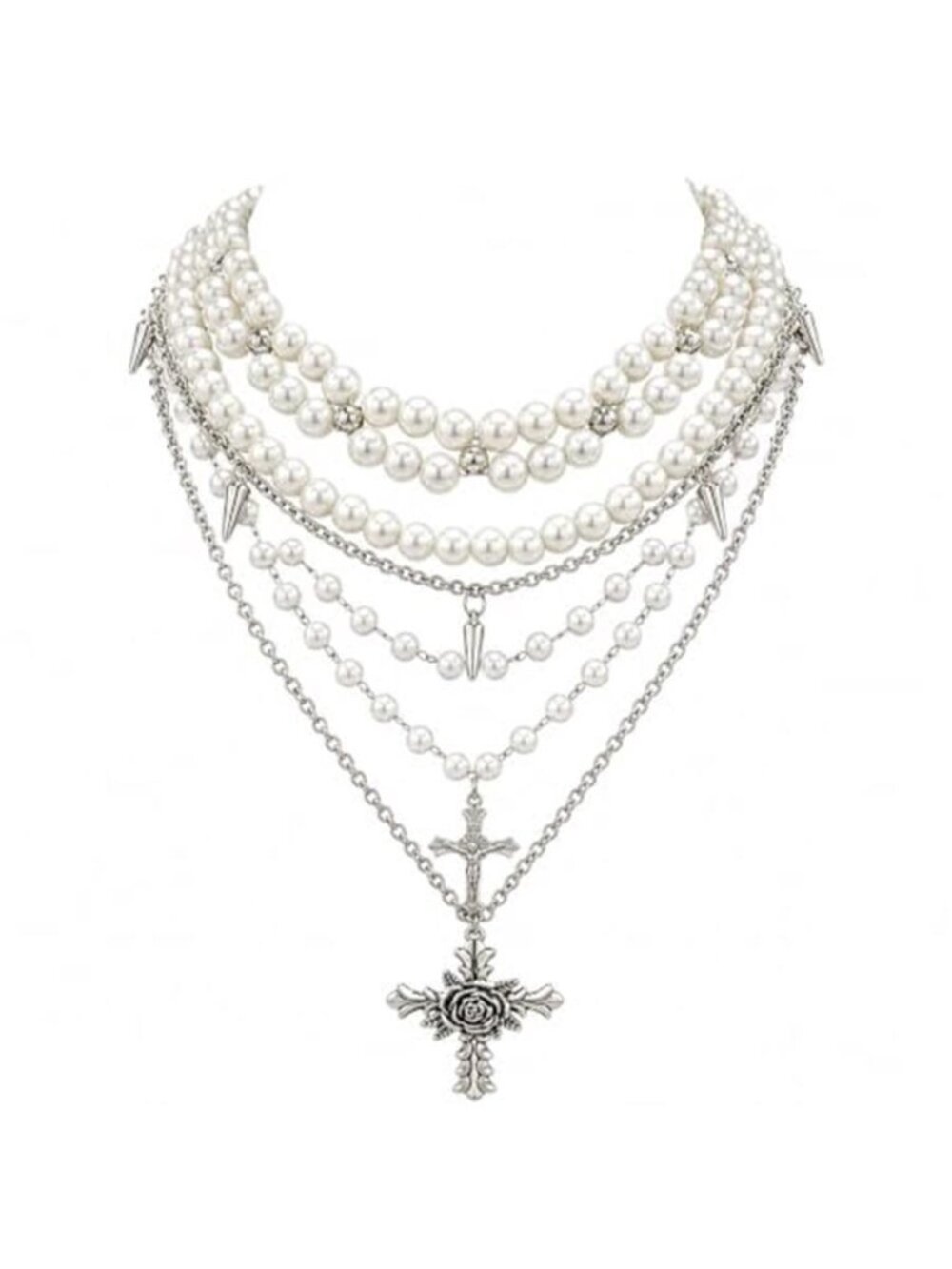 Women's Goth Cross Multi Stacked Necklace with Punk Layered Pearl Necklace